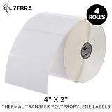Zebra - 4 x 2 in Thermal Transfer Polypropylene Labels, PolyPro 3000T Permanent Adhesive Shipping Labels, Zebra Desktop Printer Compatible, 1 in Core - 4 Rolls