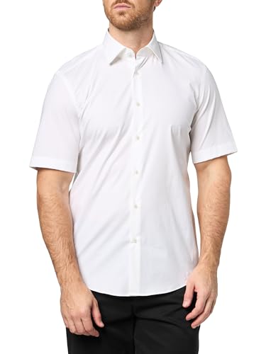 BOSS, Stretch Poplin Short Sleeve Button Down Shirt, Powder White, 15.5