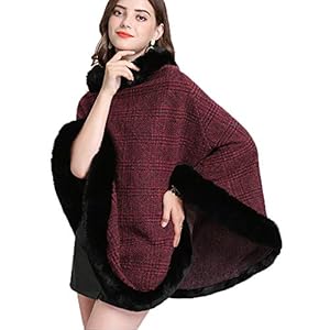 FOLOBE Womens Faux Bont Trui Poncho Oversized Cape Elegante Wrap Sjaal met Faux Bont Trim Kraag