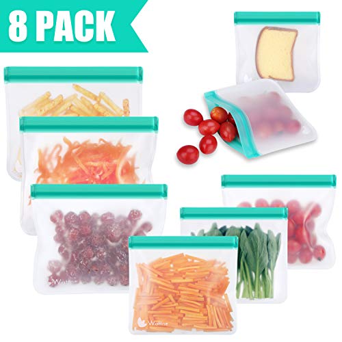 Reusable Sandwich & Snacks & Lunch Ziplock Bags [8 Pack], Wattne Reusable Storage Bags Freezer Safe, Extra Thick 0.5mm Easy Seal PEVA Material BPA/Plastic Free Baggies for Food, Fruit, Make-up, Green