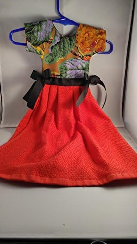 Adorable Oven Door Dishtowel Dress. Floral top over a Red skirt with black ribbons at the waist. Could also be used in a guest bathroom as a hand towel.