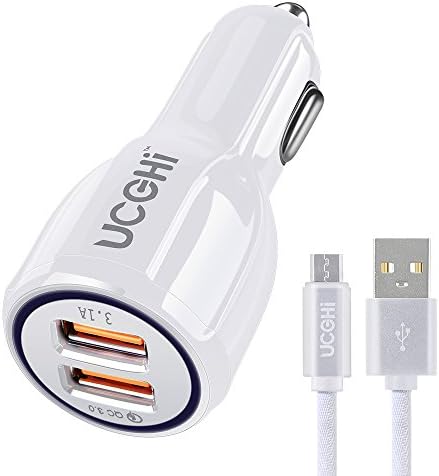 Dual USB Car Charger, UCCHI Quick Charge 3.0 Car Charger Adapter, 2 Port Car Quick Charger for iPhone X, 8 Plus, Samsung Galaxy S Series with Micro USB Data Sync Charging Cable as Bonus - White