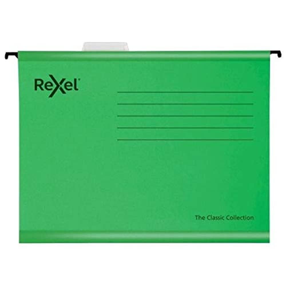 Rexel Classic Foolscap Reinforced Suspension Files for Filing Cabinets, 15 mm V base, 100 Percent Recycled Card, Green, Pack of 25, 2115591