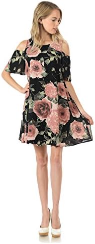 Upparel Women's Open Shoulder Floral Print Chiffon Casual Dress -Made in USA (Black , Medium)