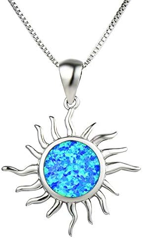 OMZBM Created 925 Sterling Silver Round Blue/White Fire Opal Pendant Necklace,Charm Hypoallergenic Simulated Gemstone Sun Dangle Clavicle Chain Birthstone Gift,Blue