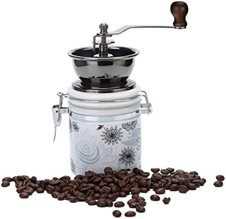 YINGMO Manual Coffee Grinder Portable Hand Crank Coffee Mill White Ceramic and Chrysanthemum Patterned