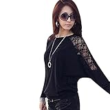 Welcomeuni Women Long Sleeve Casual Dolman Lace Loose T-Shirt Batwing Tops (M, Black)