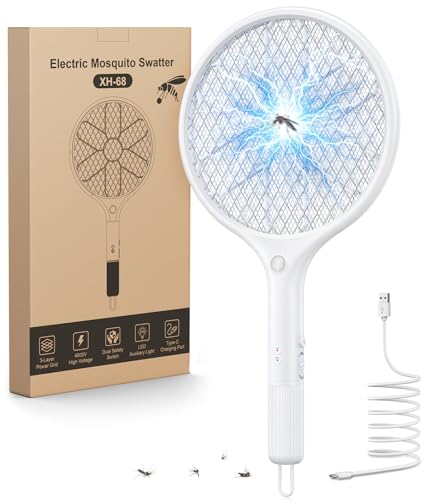 Mohard Electric Insect Racket, 4000V USB Rechargeable Fly Swatter, 3-Layer Safety Grid & LED Light, Lightweight Mosquito Racket for Indoor, Outdoor, Garden & Camping