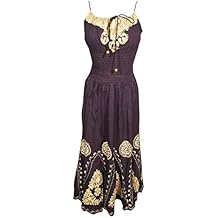 Mogul Interior Womens Black Maxi Dress Batik Embroidered Strapy Empire Waist Boho Chic M