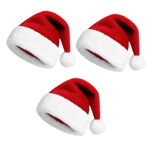 KONVINIT Weihnachtsmützen Erwachsene,Rote Plüsch Nikolausmützen Weihnachtsmann Mützen Dicker Fellrand Santa Claus Mützen,Rot 3 Stück