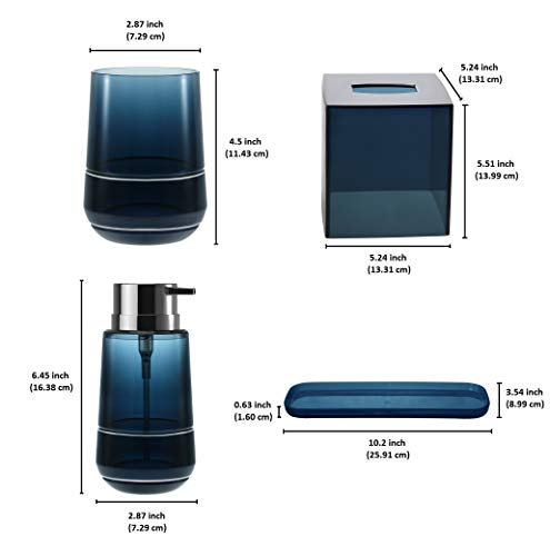 Decozen Bathroom Accessories Set in Blue Double Strip with TumblerLotion Dispenser Square Tray Tissue Box Bathroom Decor Accessory Set of 4 Pcs