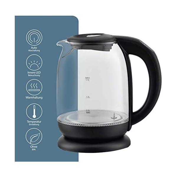 T24 Wasserkocher Glas 1,7 L mit Temperatureinstellung 60-100 Â°C, 2.200W Schwarz mit LED Beleuchtung – Bild 8