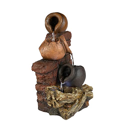 PeterIvan Indoor Waterfall Fountain - 10 4/5” H 3 Jars Tabletop Fountain, Woodland Tree Trunk Relaxation Waterfall Fountain with LED Light and Free Submersible Pump