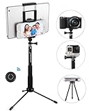 GRANDO Selfie Stick, 2 in 1 Clip Extendable Monopod with Bluetooth Remote and Tripod Stand for Tablet, Apple, Android & Cameras Black