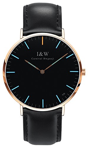 Men's Wrist Watch Tritium Luminous Simple Ultra-Thin Quartz Unisex with Leather Band (Black Band-Rose Gold case-Blue Light)