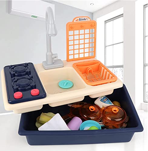 Beauenty Kitchen Sink Toys Water Playset Cooking Stove Play with Running Water House Wash Up Kitchen Sets with Realistic Light Play Dishes Accessories for Girls Boys Kids 3-7 Years Old (Blue)
