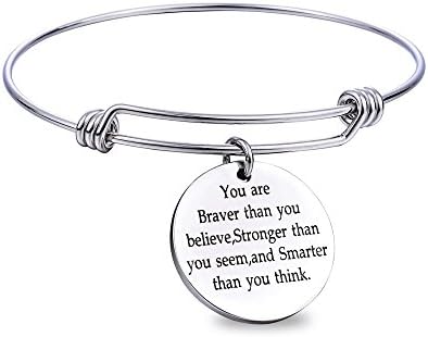 Wanmei Stainless Steel Motivational Inspirational Words Round Charm Pendant You are Braver Than You Believe Expendable Wire Bangle Bracelet, Best Gift Women