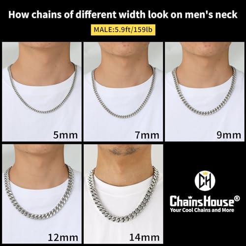 ChainsHouse Stainless Steel Mens Cuban Link Chain, Black/ 18K Gold Plated Miami Cuban Chain Necklace, 5mm/7mm/9mm/12mm/14mm Width, No Tarnish& Durable Hip Hop Mens Jewelry, 18