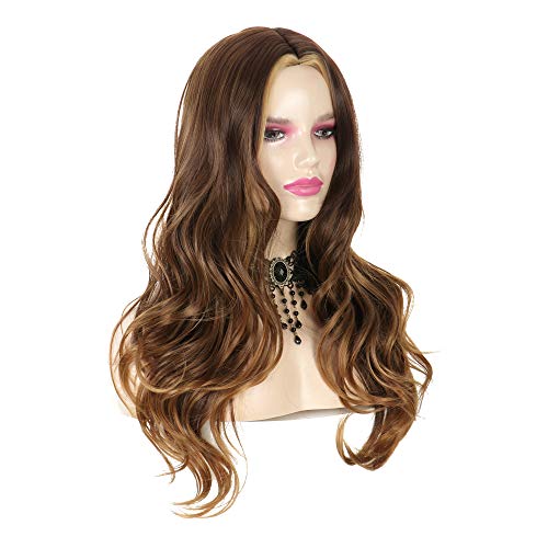 CanLux Body Wave Wig for Women Highlight Synthetic Wig 26 inch Long Curly Full Wig Ombre Brown Wavy Wig Heat Resistant Fiber with Wig Cap