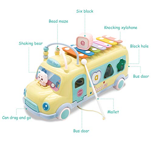 image for Lydaz Pull Along School Bus Toy, Xylophone Musical Toys with Shape Sor