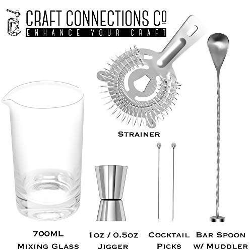 Crystal Cocktail Mixing Glass Bar Set: 700ml Thick Wall Lead-Free Mixing Glass | Stainless Spiral Bar Spoon w/Muddler | Cocktail Strainer | 0.5oz / 1oz Jigger. Great Gift & Shaker Alternative!