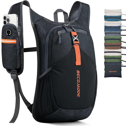 BECOJADDE Kleiner Wanderrucksack für Herren und Damen, 15 l/20 l, faltbar, leichter Rucksack, Wandern, Tagesrucksack für Reisen, Camping, Schwarz, 15L