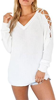 Mary Steele Women Loose Knitted Sweater Solid Lace-Up Shoulder V-Neck Long Sleeve Warm Pullover Tops Knitwear Shirts White S