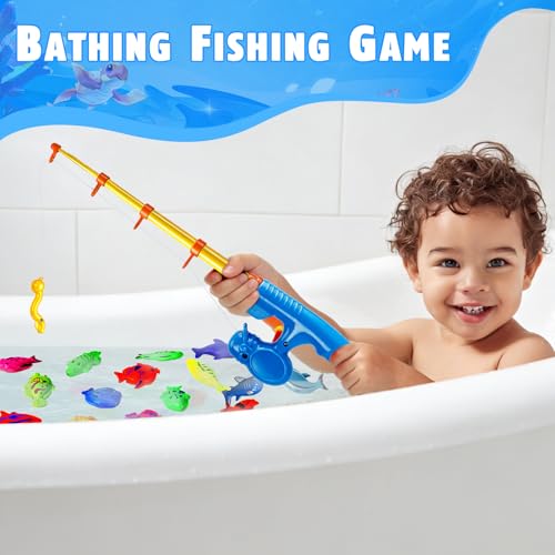 Magnetic Fishing Toys Game Set for Kids for Bathtime or Pool Party with Pole Rod Net, Plastic Floating Fish - Toddler Education Teaching and Learning of All Size Colors Ocean Sea Animals