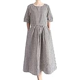 Minibee Women's Cotton Linen Dress Summer Short Sleeve Casual Plaid Flowy A-Line Midi Dresses with Pockets