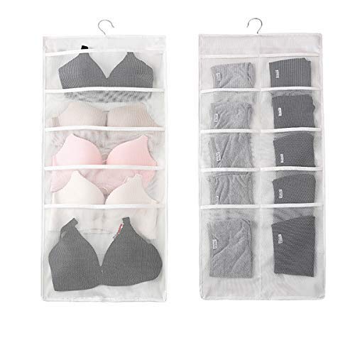 Allazone Double-Sided Hanging Storage Organiser with Large and Deep Pockets, Storage Hanging Pocket Space-Saving Clothes Organiser for Small Wardrobe, Socks Storage, Underwear (White, 15 Pockets)