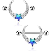 Melighting 14G Nipple Piercing Jewelry, 316L Surgical Steel Barbell with Clear CZ Moon Blue Star, Unisex Piercing Jewelry for Women and Men