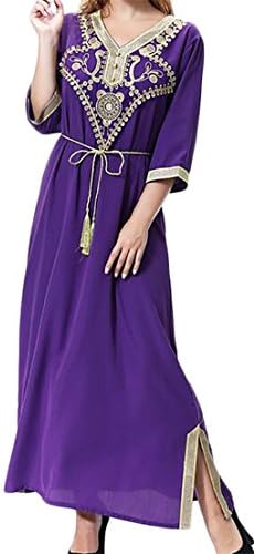 Sweatwater Womens Summer Kaftan Muslim V-Neck Half Sleeve Arabic Maxi Dress Purple Medium