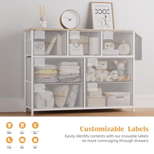 PURFINO Fabric Chest of Drawers - Fabric Chest of Drawers with 7 Large Drawers, Labels, Side Pocket and Hook for Living Room, Hallway, Bedroom (Light Grey)