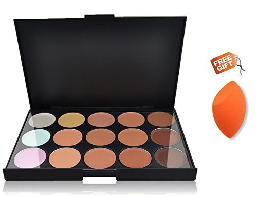 Color Correcting Makeup Concealer Palette:Flawless Contouring Kit 15 Colors Cream Foundation and Camouflage Concealer Makeup Palette, with Free Foundation Puff Sponge (Mini size, Orange)