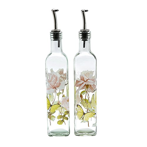 CEDAR HOME Olive Oil Bottle Set Glass Dispenser Vinegar Cruet 17oz. with Stainless Steel Leak Proof Pourer Spout for Cooking or Salad Dressing, 2 Pack, Pink