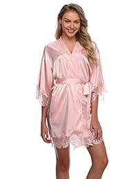 Sexy Silk Kimono Robe for Women Short Sleepwear Bride and Bridesmaid Bath Robe with Lace Trim