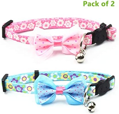 Olahibi 2 Pack Nice Flower Printing Bowtie Cat Collar with Quick Release Buckle, Simple and Classic Pattern(S,Pink+Blue)