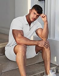 URRU Mens Short Sleeve Casual Polo Shirt and Shorts