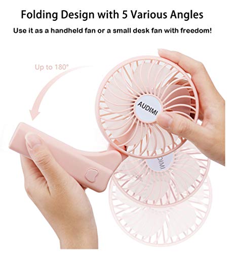 AUDIMI Handheld Fan with Rechargeable Battery Folding Personal Desk Fan Portable Small Operated Electric Fan for Traveling Office Outdoor - Pink - Thumbnail 3