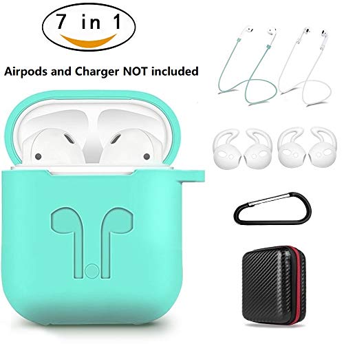 AirPods Case 7 In 1 Airpods Accessories Kits Protective Silicone Cover and Skin for Apple Airpods Charging Case with Airpods Ear Hook Airpods Staps/Airpods Clips/Skin/Tips/Keychain Green by Amasing