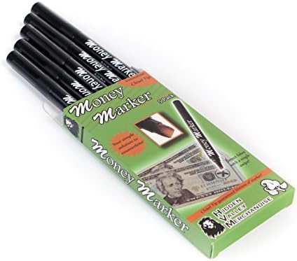 Black counterfeit money detector pen next to cash bills.