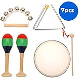 MUSICUBE Musical Instrument Set for Toddler Baby Kid 7 Pcs Wooden Percussion Instrument Musical Toys with Drum Set, Maracas, Triangles, Hand-Bell Instrument for Boys Girls Aged 3+ Gift Choice