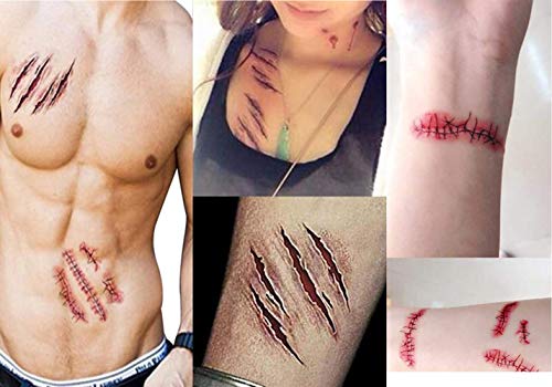 300+ Halloween Scar Temporary Tattoos - Vampire Zombie Party Supplies Decorations Bloody Cosplay Props - Realistic Fake Injury Wound for Halloween Costume Accessories(48 Sheets) - Thumbnail 5