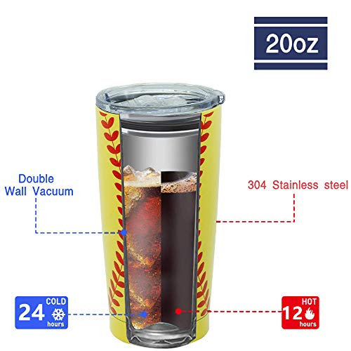 Yoelike Softball Tumbler 20oz Stainless Steel Double Wall Vacuum Insulated Cup with Straws, Splash Proof Lids, Mug Clean Brush, Tips for Fan Coaches Mom Men Sports Travel, Keep Drinks Cold and Hot