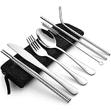 Devico Portable Utensils, Travel Camping Cutlery Set, 8-Piece including Knife Fork Spoon Chopsticks Cleaning Brush Straws Portable Case, Stainless Steel Flatware set (8-piece Felt bag black)