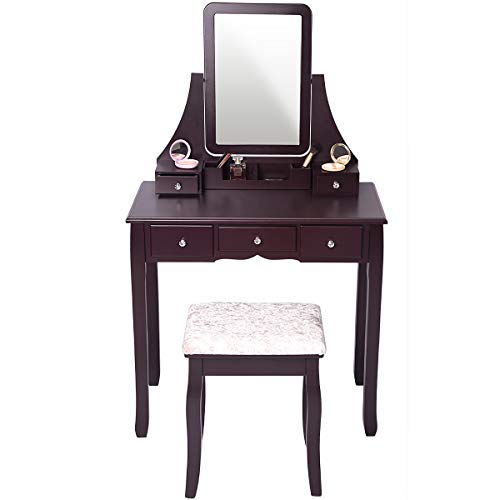 Amooly Vanity Set with Mirror,5 Sliding Drawers, Removable Makeup Organizer,Cushioned Stool Dressing Table Vanity Makeup Table