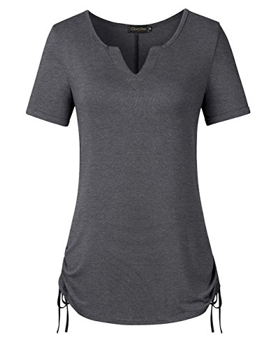 GloryStar Women's Casual V Neck Short Sleeve & Cuffed Long Sleeve Blouses Tunic Tops Drawstring Henley Shirts Dark Grey M