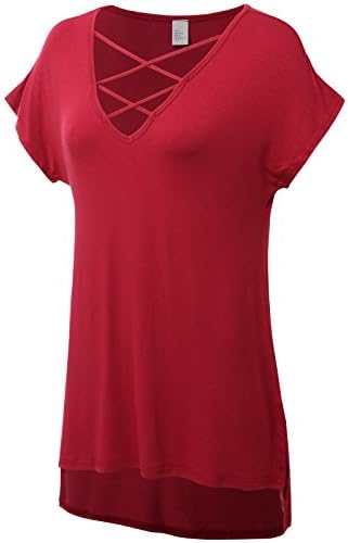 Aoqueen Fashion Women Sexy Soft Comfy Criss Cross Neck Casual Loose T-Shirt Tunic Top Red Medium