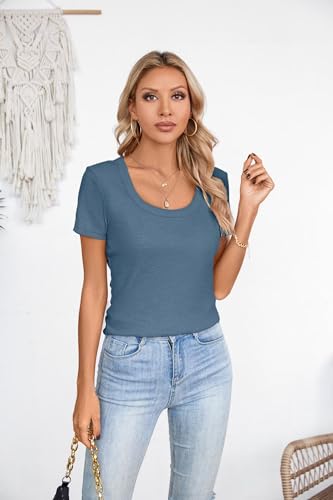 VICHYIE WOMENS SUMMER SHORT SLEEVE TOPS SQUARE NECK LOOSE TUNICS HENLEY CASUAL SHIRT SEXY BASIC BLOUSE TOP TSHIRT BLUE L