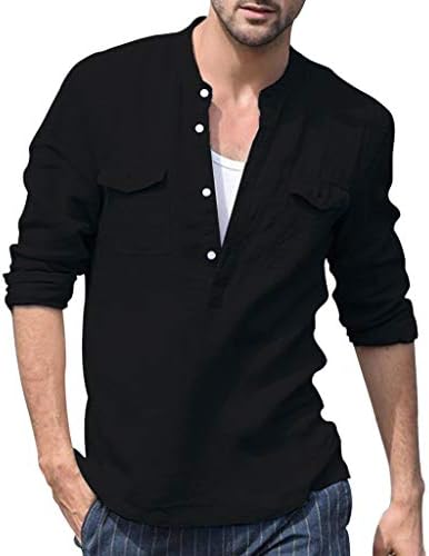Holywin Men's Baggy Cotton Linen Pocket Solid Long Sleeve Retro T Shirts Tops Blouse Shirt V-Neck Beach Yoga Top Blouse